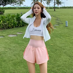 Korean Women 3pcs/set Rash Guards Solid Two-Piece Bikini With Long Sleeve Coat Cover Up Zipper Swimsuit Sports Bathing Suit
