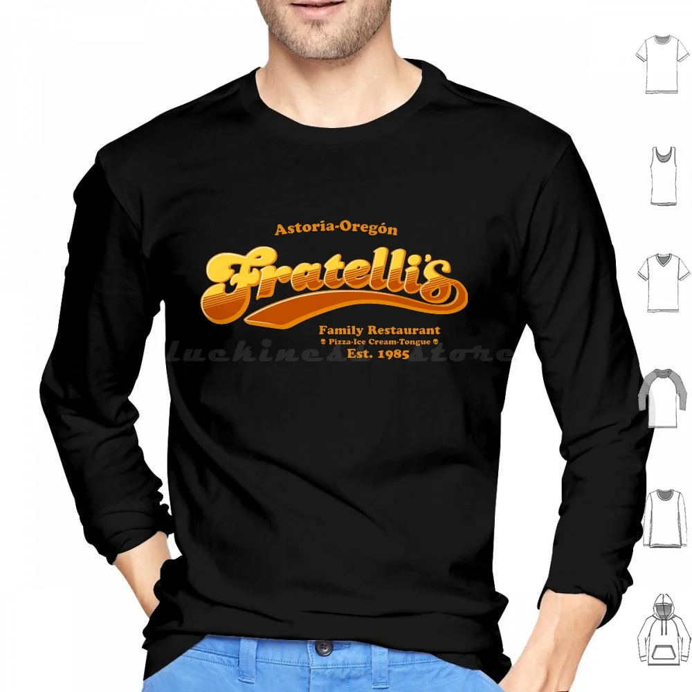 Sudaderas de manga larga de Fratelli, con diseños de Fratellis, Goonies, Sloth, Cheers, los años 80, Astoria, Oregón, y el lema «Nunca te rindas», de Fratelli.