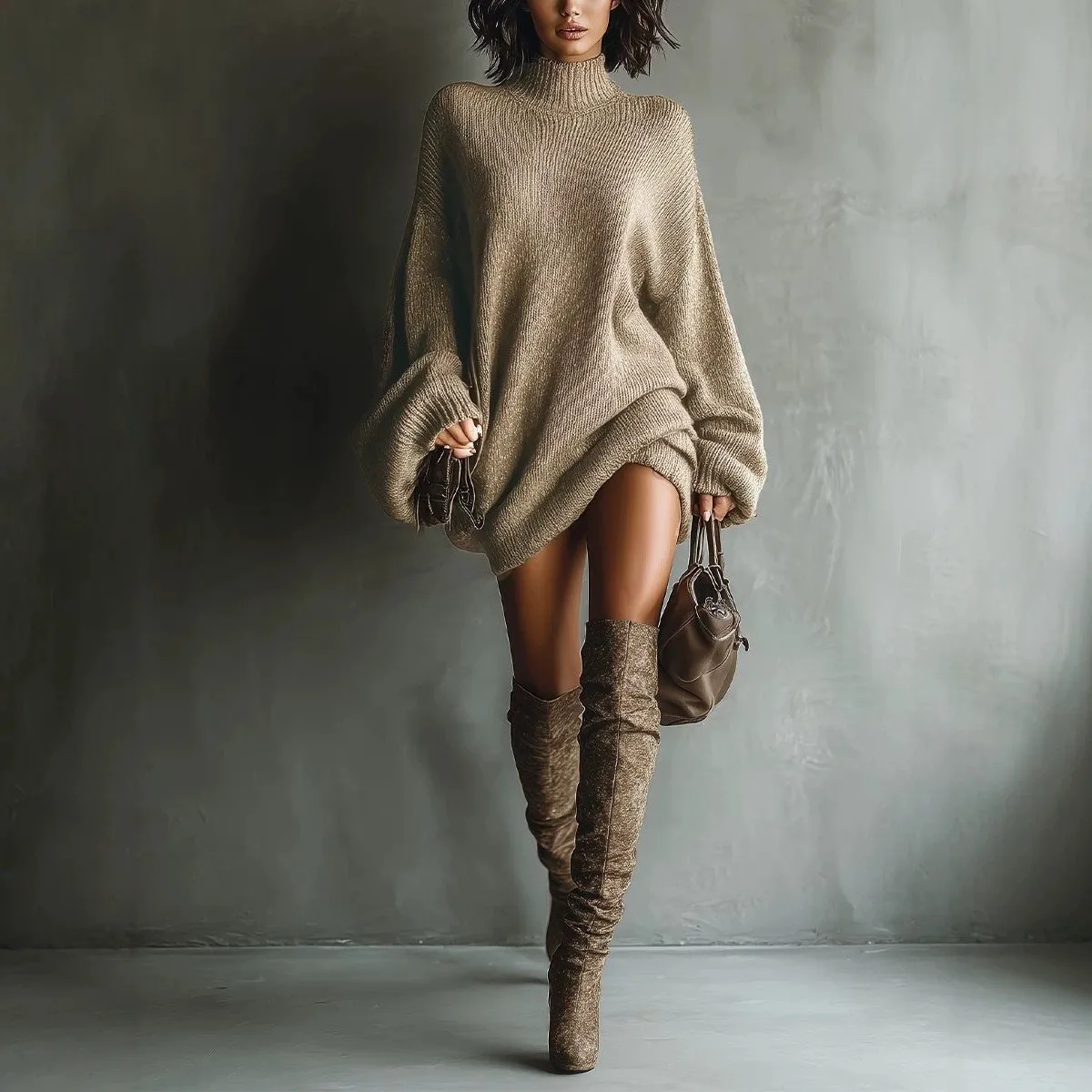 Pullover Loose Fit Dress Retro with Long Sleeve High Neck Long Length Vintage Inspired Ribbed Texture Casual Women Summer Dress
