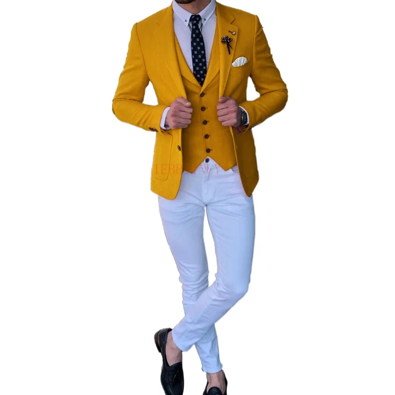 

Yellow Men Suits for Wedding Slim fit Jacket Vest with Pants 3 Piece Groomsmen Tuxedo Custom Made Male Fashion Costume 2023