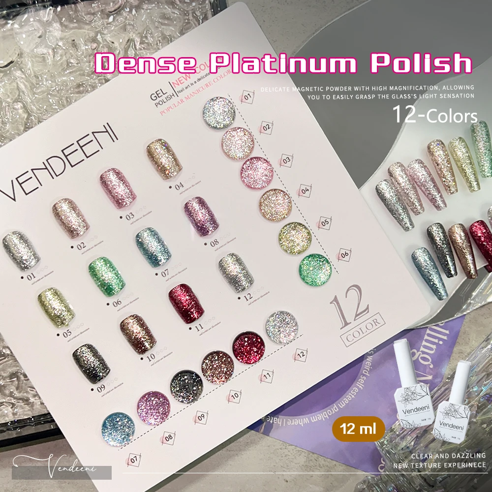 Vendeeni 12 Colors/set High Density Platinum Gel Nail Polish Flash Glitter Nail Varnish Broken Diamond Gel Lacquer With Display