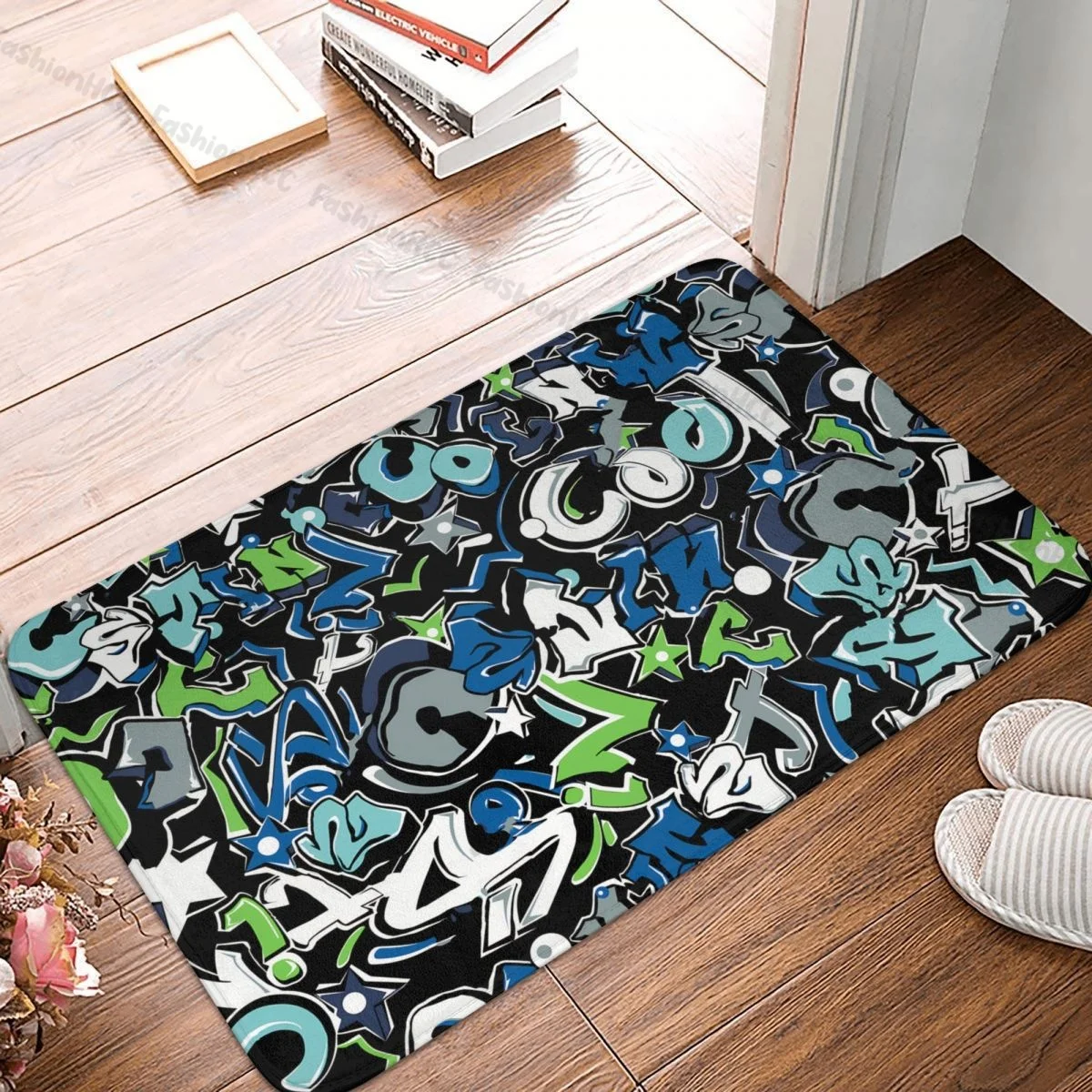 Graffiti Art Pattern Bedroom Mat Dynamic Print Street Style Doormat Flannel Carpet Outdoor Rug Home Decoration