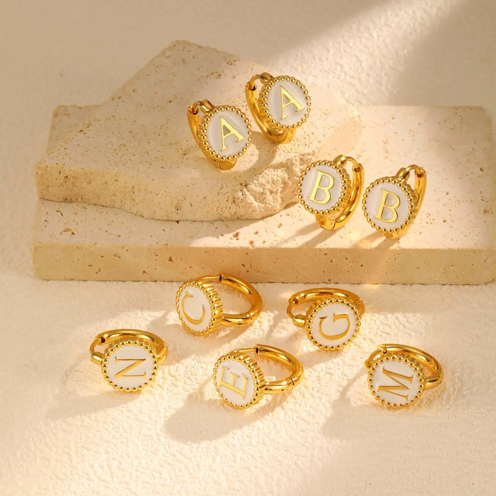 White Enamle Initial Earrings, Letter A-Z Gold Plated Circle Huggie Hoops, Stainless Steel Hypoallergenic Jewelry