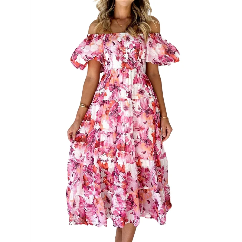 Abito longuette casual estivo da donna, manica corta gonfia, collo quadrato, smock, volant a strati Dresses-A55G
