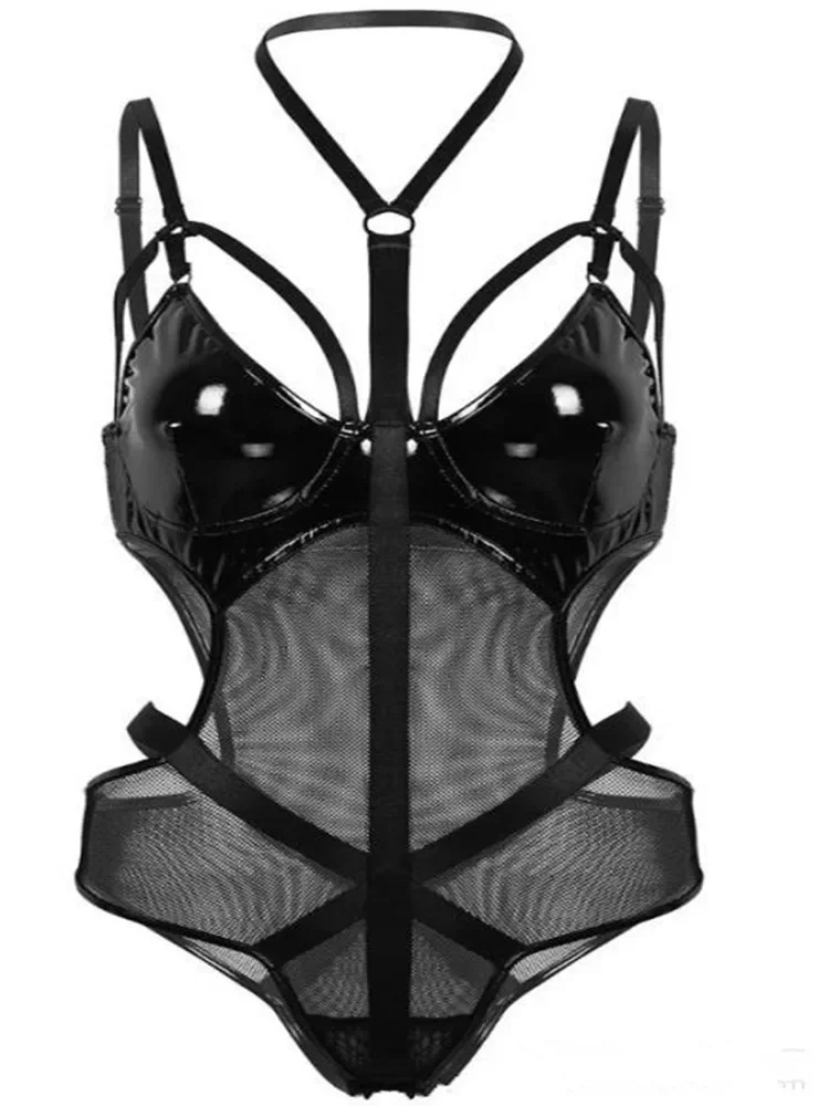 

Sexy Wetlook Faux Leather Catsuit PVC Latex Bodysuit Hollow Out Bust Open Crotch Clubwear Fetish Hot Erotic Pole Dance Lingerie