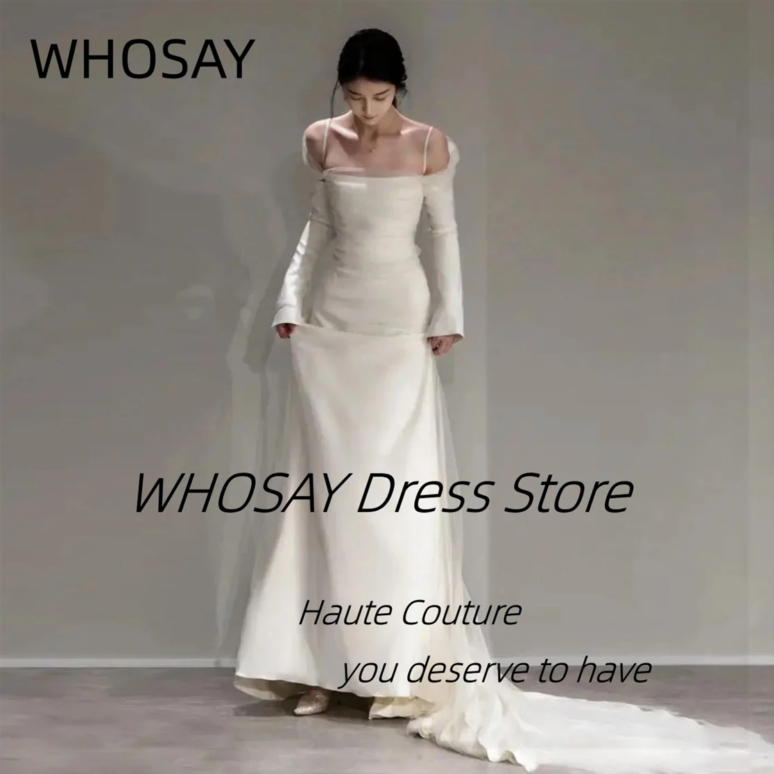 

WHOSAY Korea Women Wear Long Sleeves Wedding Dresses Spaghetti Straps Sexy Back Bridal Dress Sheath Evening Party Prom Gowns