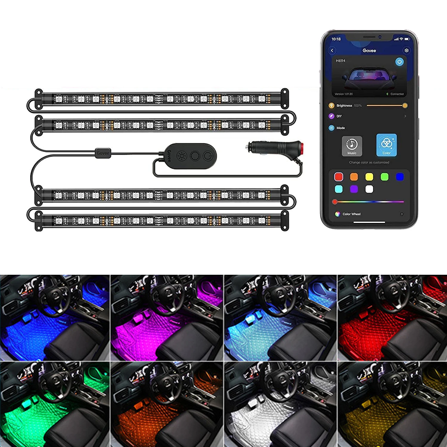 

Car atmosphere light foot bottom atmosphere light 5050 12smd one drag four 48 lights colorful voice control APP car atmosphere