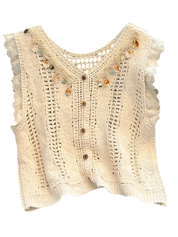 التصميم الأصلي الدانتيل تقليم ell V-Ne الجوف محبوك ort Svel سترة المرأة الصيف ملابس خارجية فضفاضة تناسب زر الديكور