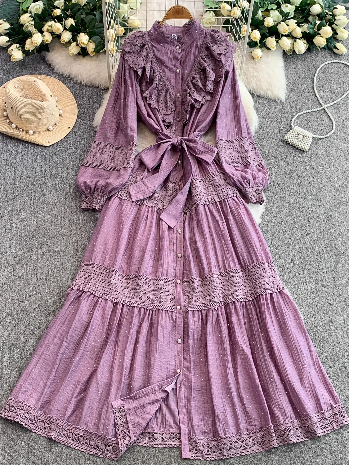 

Ele Lace Splice Pleated Long Dr Women's Spring Autumn Button High Waist Slim Fit A-Line Skirt Korean Sle Commute