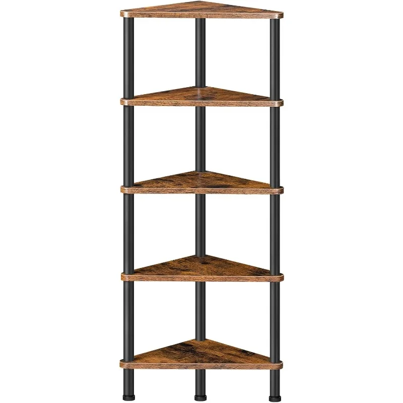 Corner Shelf Stand, Industrial 5-Tier Corner Bookshelf with Metal Frame, Plant Corner Display Shelf