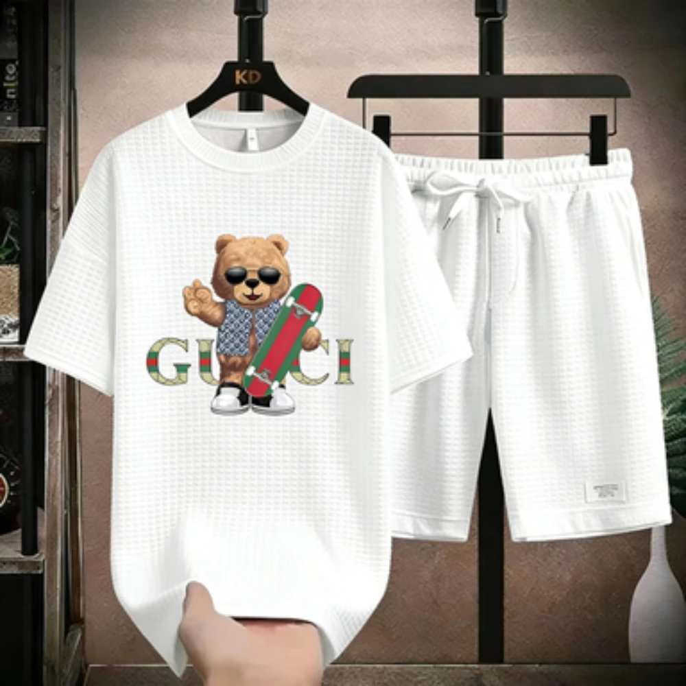 2026 Men's Luxury GG Style Lightning Print 2 Piece Outfit, Waffle Knit T-shirt + Shorts Set, Casual Designer Inspired Tracksuit