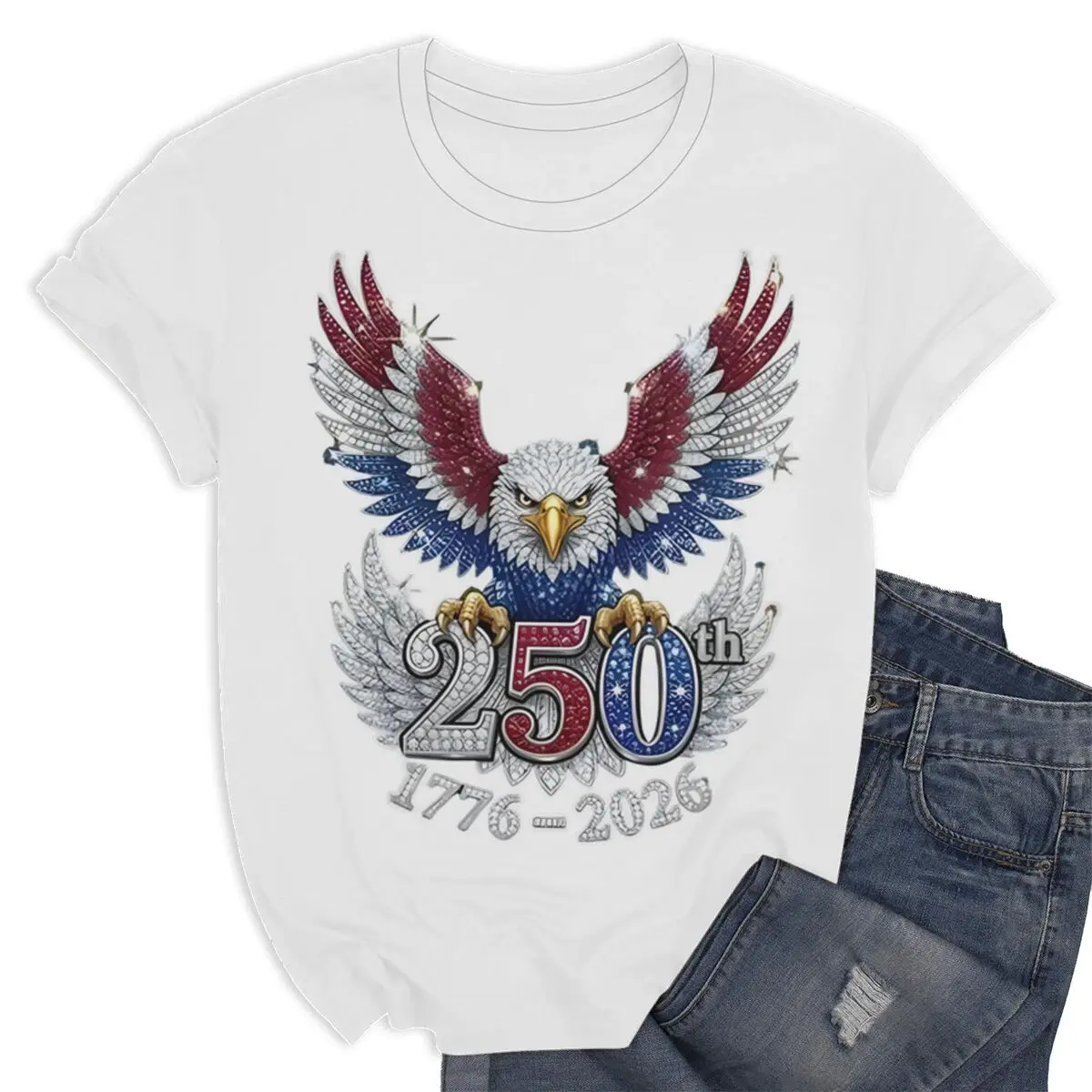 USA Eagle 250th Anniversary 1776-2026 T-Shirt Vintage Sparkly Patriotic Print Women Men  July 4 Th Tees Independence DayGifts