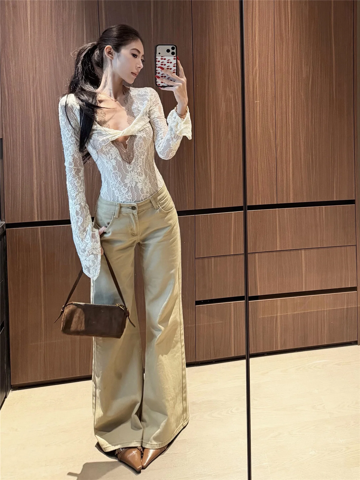 

Американские винтажные джинсы-клеш цвета хаки с низкой посадкой, женские свободные широкие брюки из мягкого хлопка, повседневные, модные, весенние