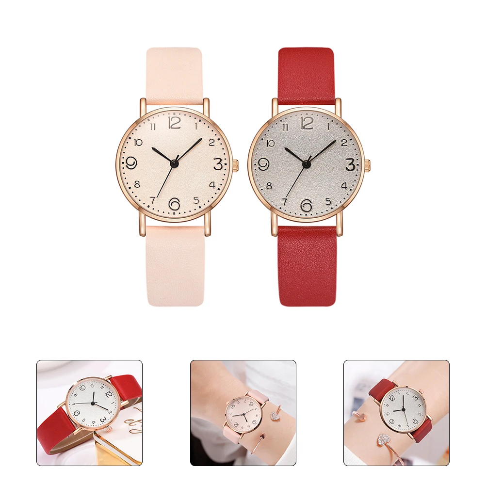 

2pcs Pu Wristband Women Quartz Watch Fashion Student Wristwatch Elegant Casual Timepiece For School Party Dating Gift
