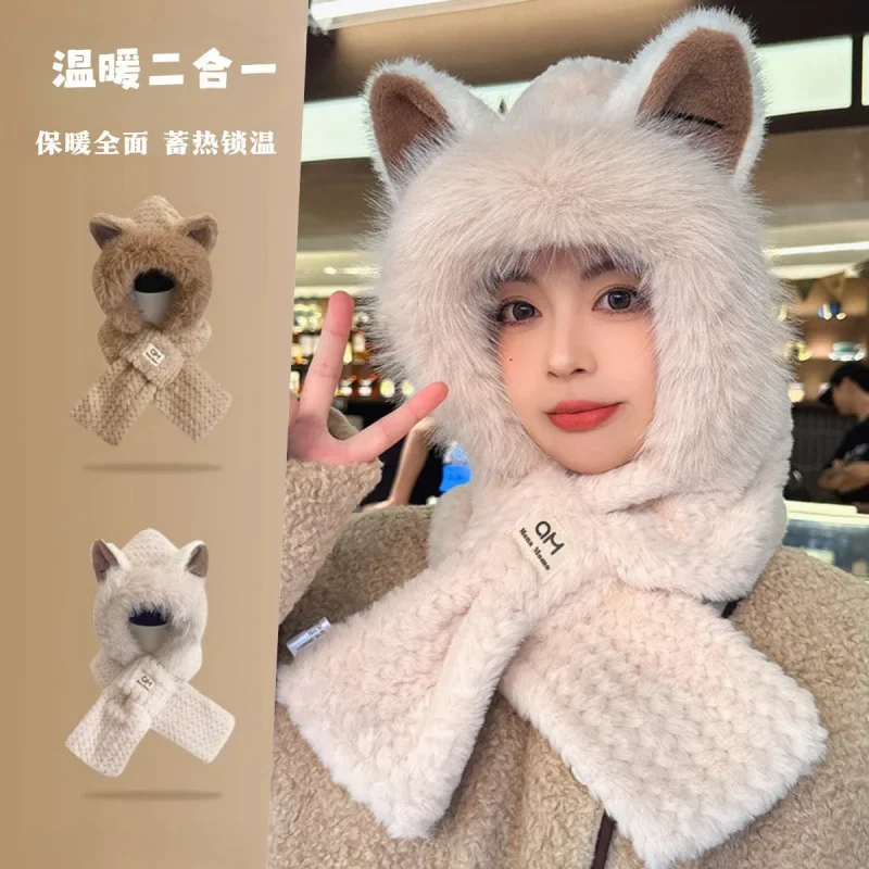 Fox Ears Hat Scarf Integrated Hat Female Winter Cute Plush Furry Animal Plus Scarf Two-piece Set Women Hat