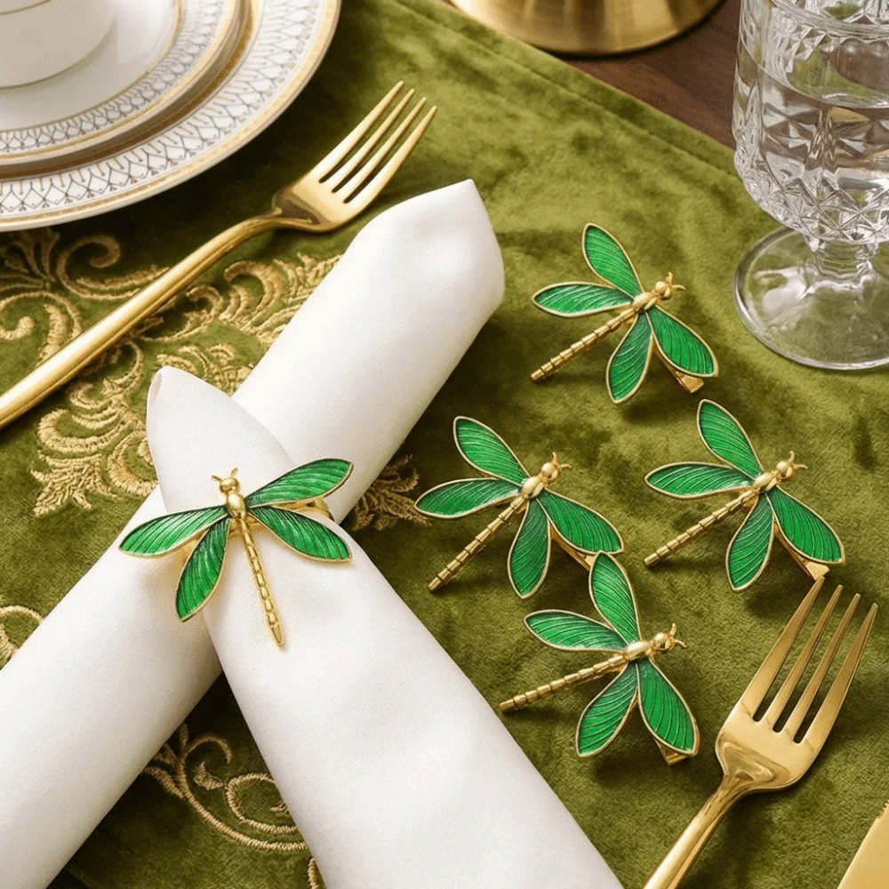 6PCS Creative Minimalist Dragonfly Napkin Ring Modern Metal Napkin Buckle Decorative Insect Napkin Holder Wedding Setting