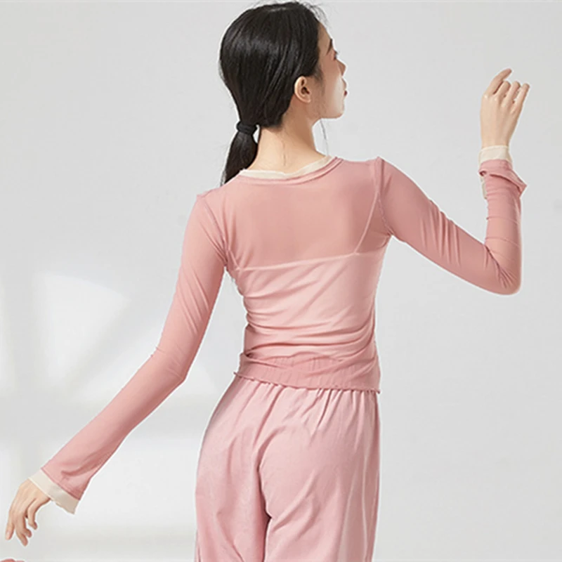 Modern Dance Top Women Gauze Mesh Long Sleeve Stretchy Sheer Shirt Spliced Color Neckline Outfit Yoga Classical Practice Clothes