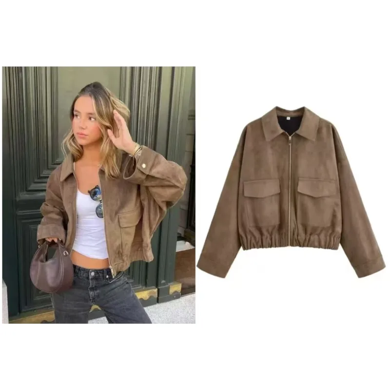 

NERHEFZ Women Suede Leather Jacket Autumn Long Sleeve Zipper Pocket Jacket Causal Female Chic Tops Lady Coats