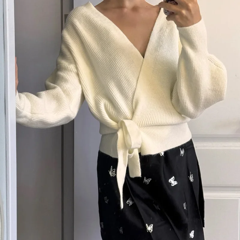 

Bow Bandage V Neck Knitted Cardigan Women Autumn Winter Long Sleeve Sweater Coats Simple Solid Versatile Jumper Tops
