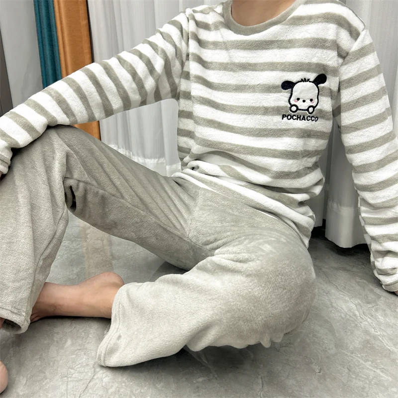 التطريز الكلب الرجال قطاع منامة الخريف والشتاء سميكة الدافئة طويلة الأكمام السراويل المرجان الصوف Homewear ملابس للرجال #3