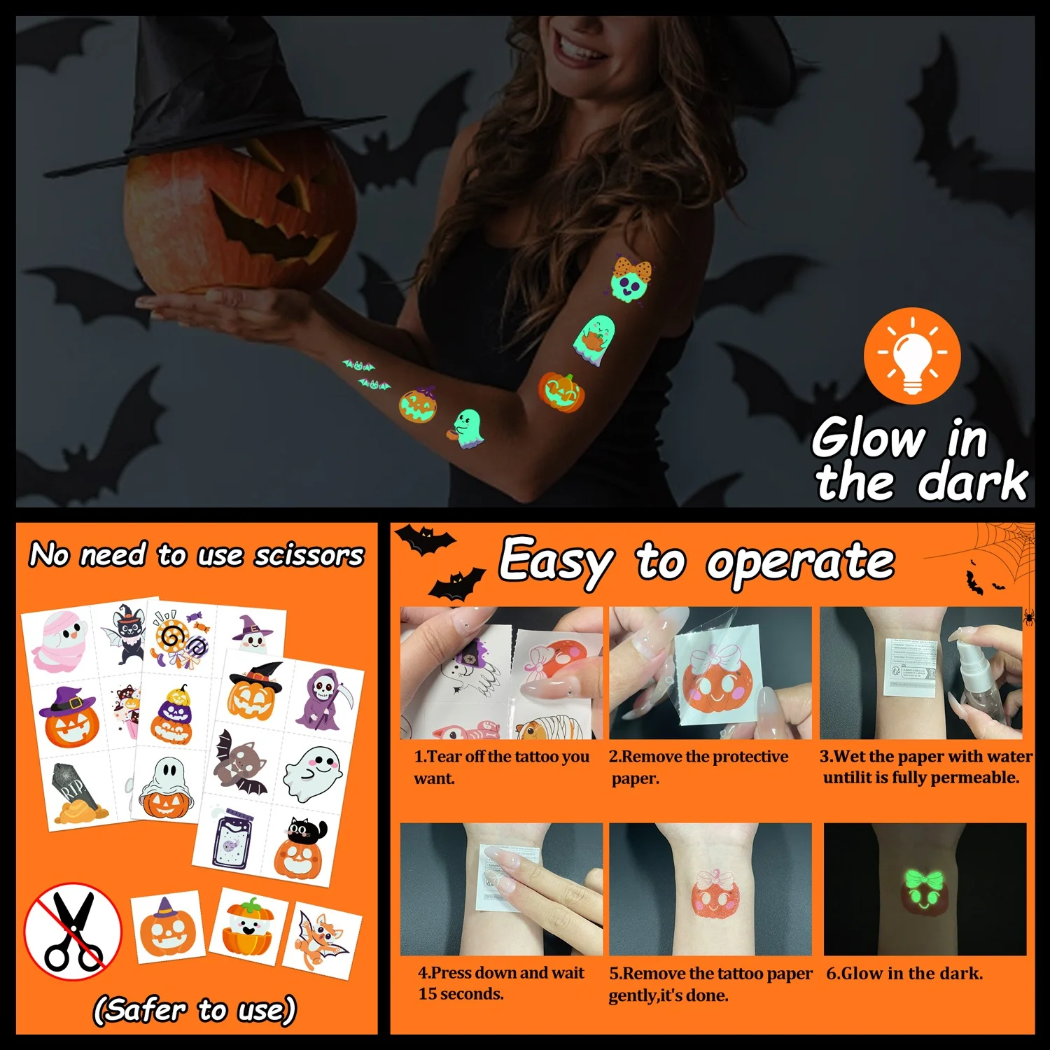 216 Stück Vorgeschnittene Halloween-Leuchttattoos, Großpackung Party-Geschenke für Dekorationen, Kostüme, Spiele und Leckereien – Detail 3