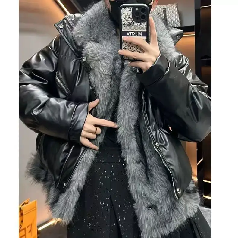

Advanced design sense men's winter spliced fake two-piece mountain carved fur spliced leather cotton coat jacket cotton coat