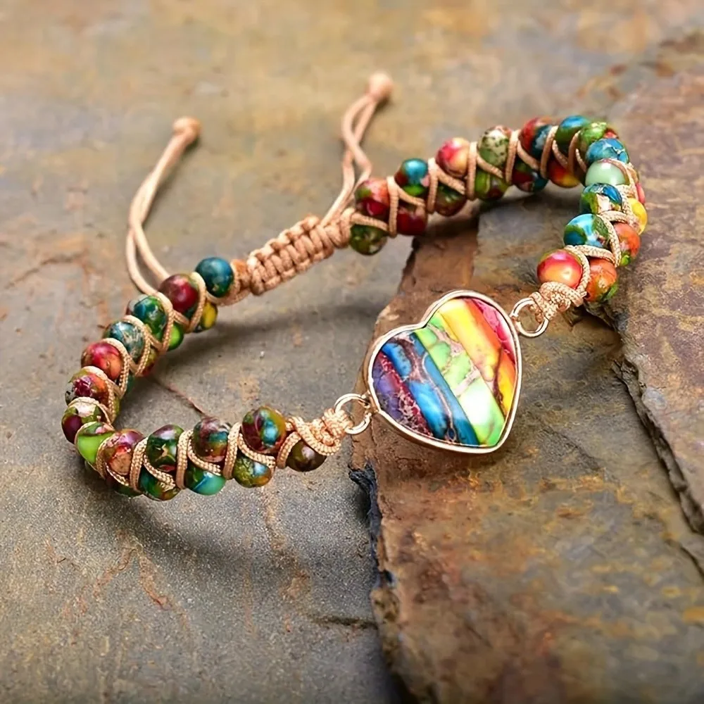 Verstellbares herzförmiges Chakra buntes Stein-Yoga-Meditations armband Liebes hands chnur geflochtenes Wickel armband für Frauen