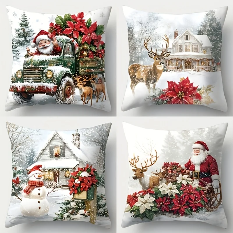 4Pcs Double‑Sided Christmas Pillow Covers, Snowman Santa Reindeer Gnome House Print Square Cushion Cases for Sofa Holiday Decor