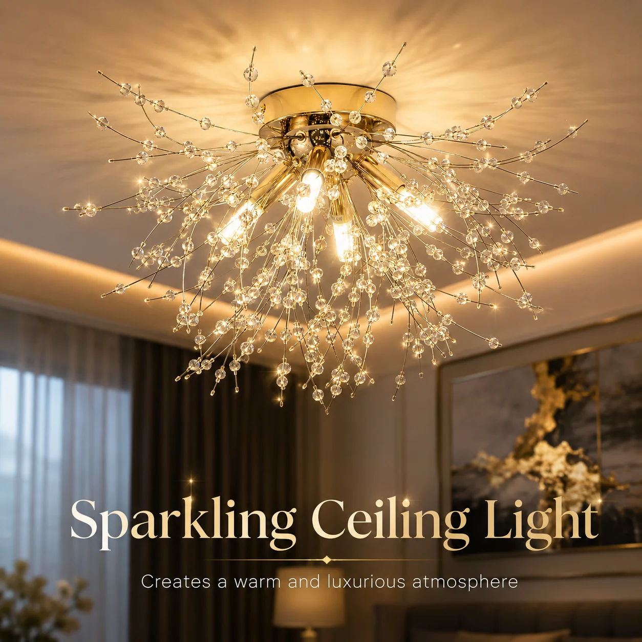 JOYINLED Modern G9 Dandelion Sparkling Lamp Luxury Decor 4-Light Golden Firework Crystal Ceiling Light for Living Room Bedroom
