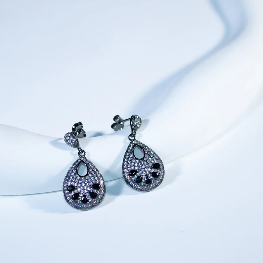 

925 Sterling Silver Dangle Earring Hollow Design Black Zircon Earrings Woman