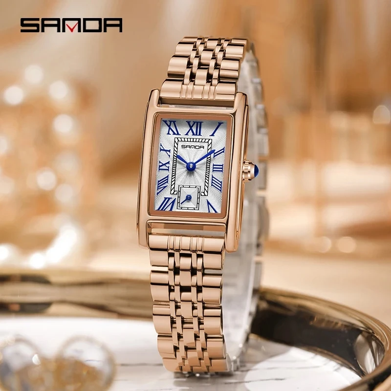 Sanda 1116 Quartz Horloge Vrouwen Elegant Design Horloges Rechthoek Wijzerplaat Waterdicht Staal Lederen Dames Polshorloges Cadeau