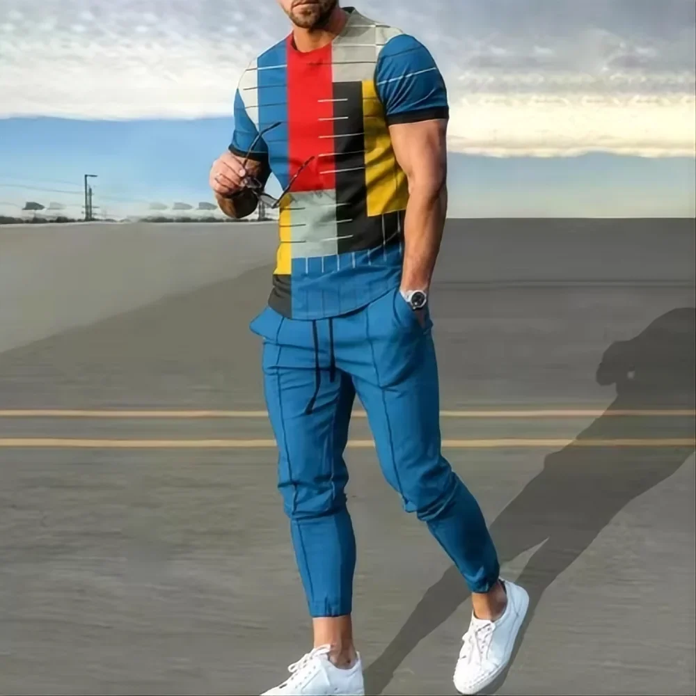 GELITAYIN Summer Men's T-shirt Pants Sportswear Striped 3D Printed T-shirt Pants Set 2-piece Fashionable Streetwear Men's Oversi
