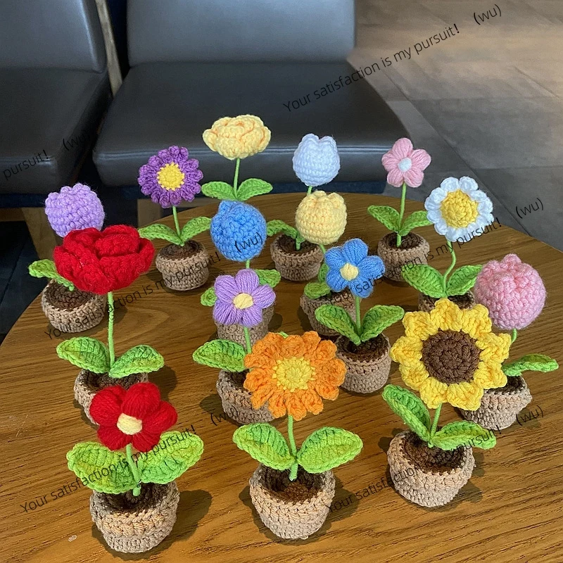 Crochet Knitting Flowers Potted Homemade Crochet Rose Tulip Daisy Office Desktop Ornaments Car Automotive Interior Decoration