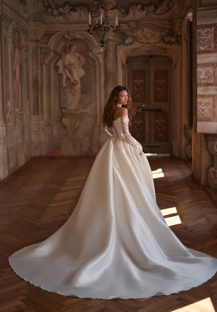 Luxury Wedding Dress Vestido De Noiva Minimalista Basque Waist Vestidos 2026 Elegante Lace Manga Larga A Line Satin Casamento