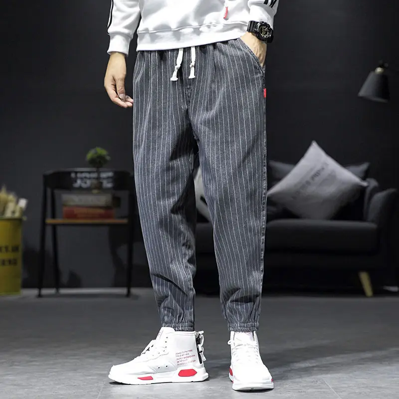 

Men's Autumn New Striped Jeans Men's Plus Size Loose Harem Pants Men's Korean Version Trendy Brand Leg Binding Pants