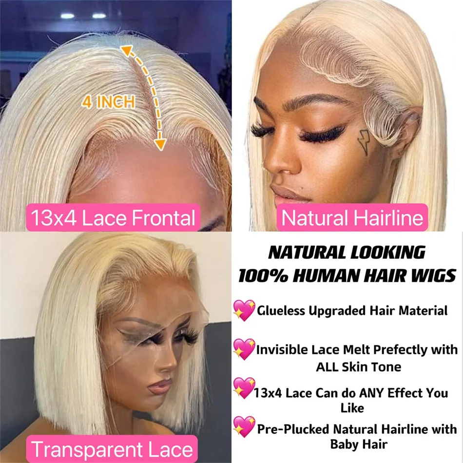 Perruque Bob Lace Front Brésilienne Remy Naturelle, Cheveux Courts Lisses, 13x4, 10 14 Pouces, 613, Blond Miel, Bon Marché, pour Femme