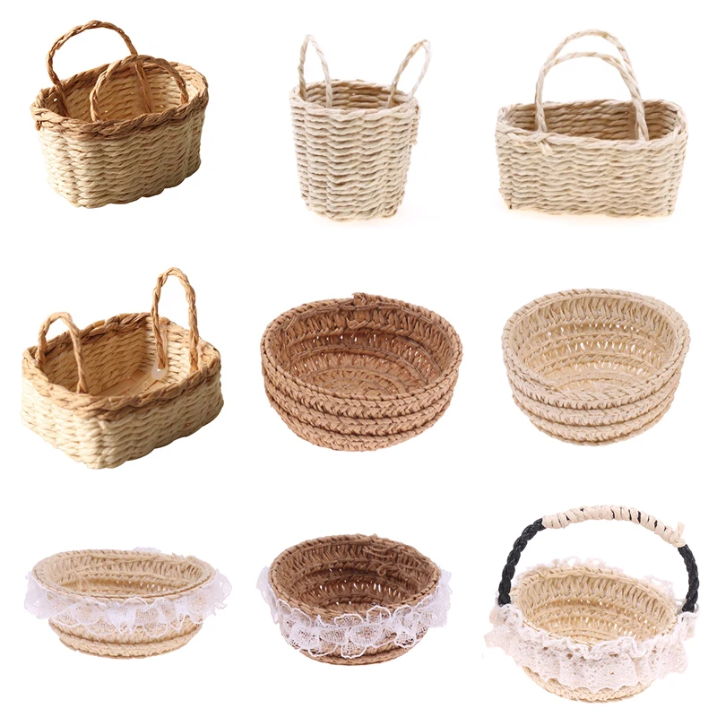 Mini 1/12 Cute Dollhouse Rattan Frame Hand-woven Vegetable Food Flower Basket Cute Toys Dolls Miniature Decoration