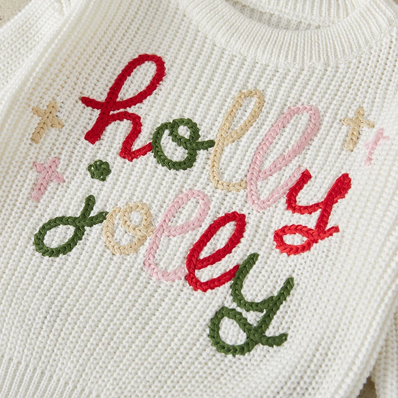 Suefunskry Baby Boy Girl Christmas Sweater, Long Sleeve Crew Neck Letters Knitted Pullover Fall Winter Warm Tops Infant Clothes