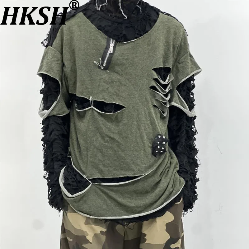 

HKSH Spring Summer New Men's High Street Fashion Patchwork Long Sleeve T-shirt Niche Chic Casual Fake Two-piece Tees Ins HK9352