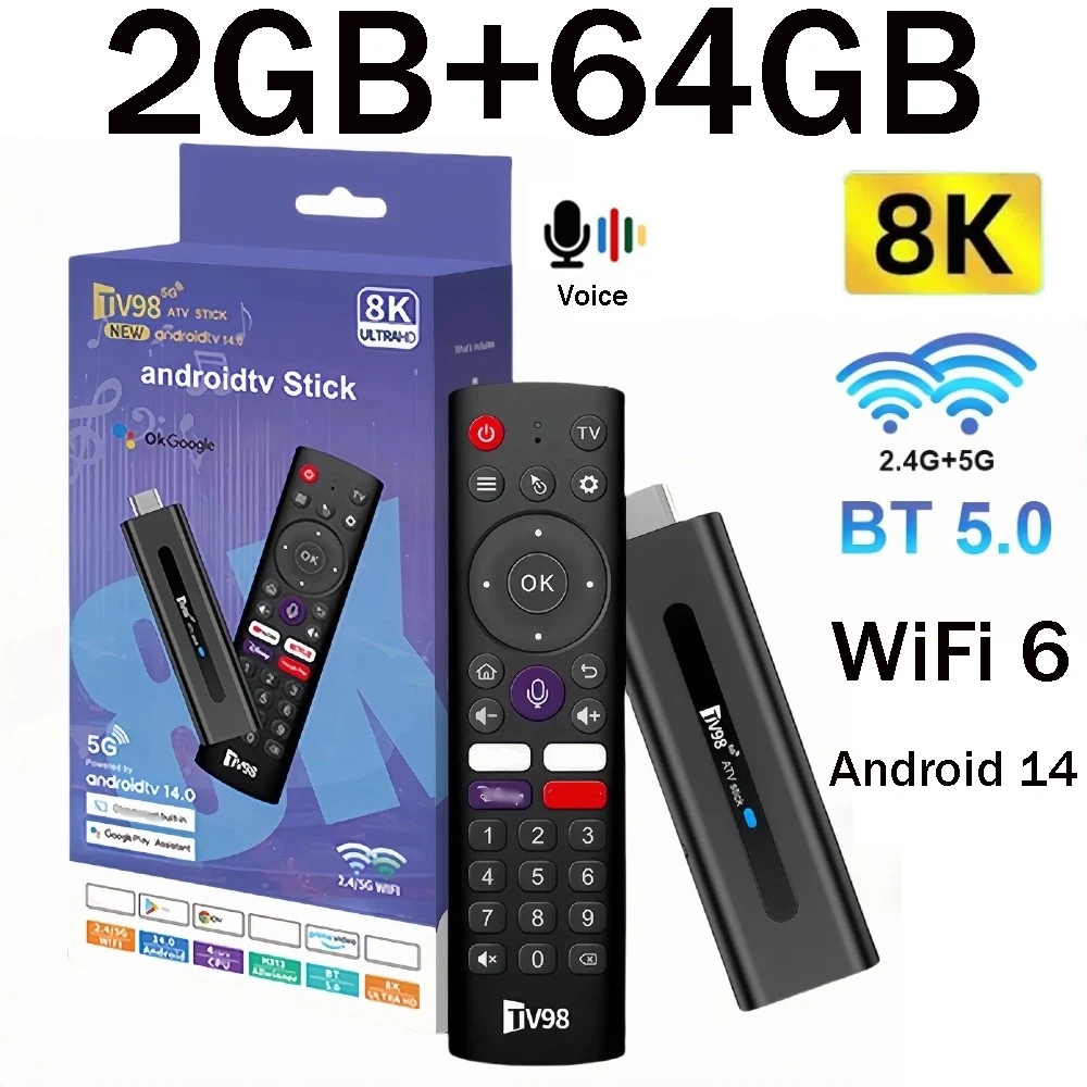 TV98 ATV Stick 8K Smart TV Stick Support Android 14 Video 4K BT5.0 WiFi 6 Allwinner H313 Quad Core Voice Remote Smart TV stick