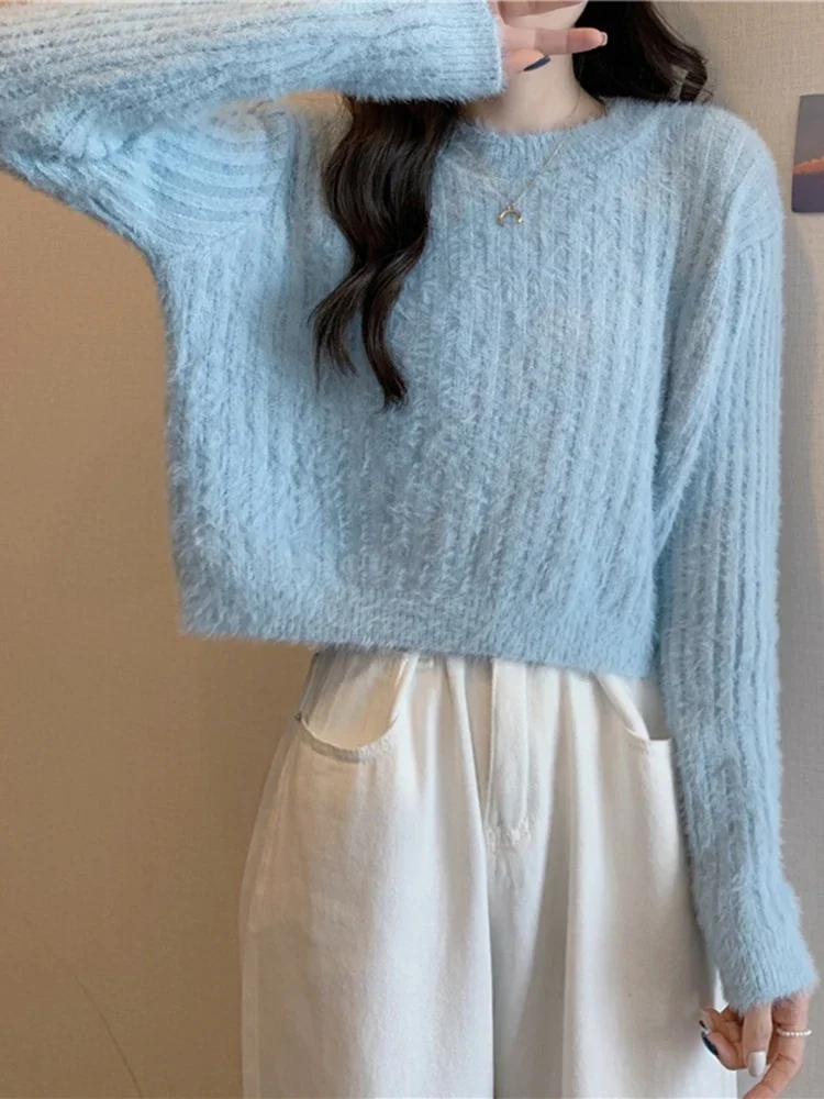 

Soft Warm Faux Mink velvet Sweaters Women Autumn Winter Long Sleeve Loose Female Sweater Knitted Casual Solid Jumper Pullover