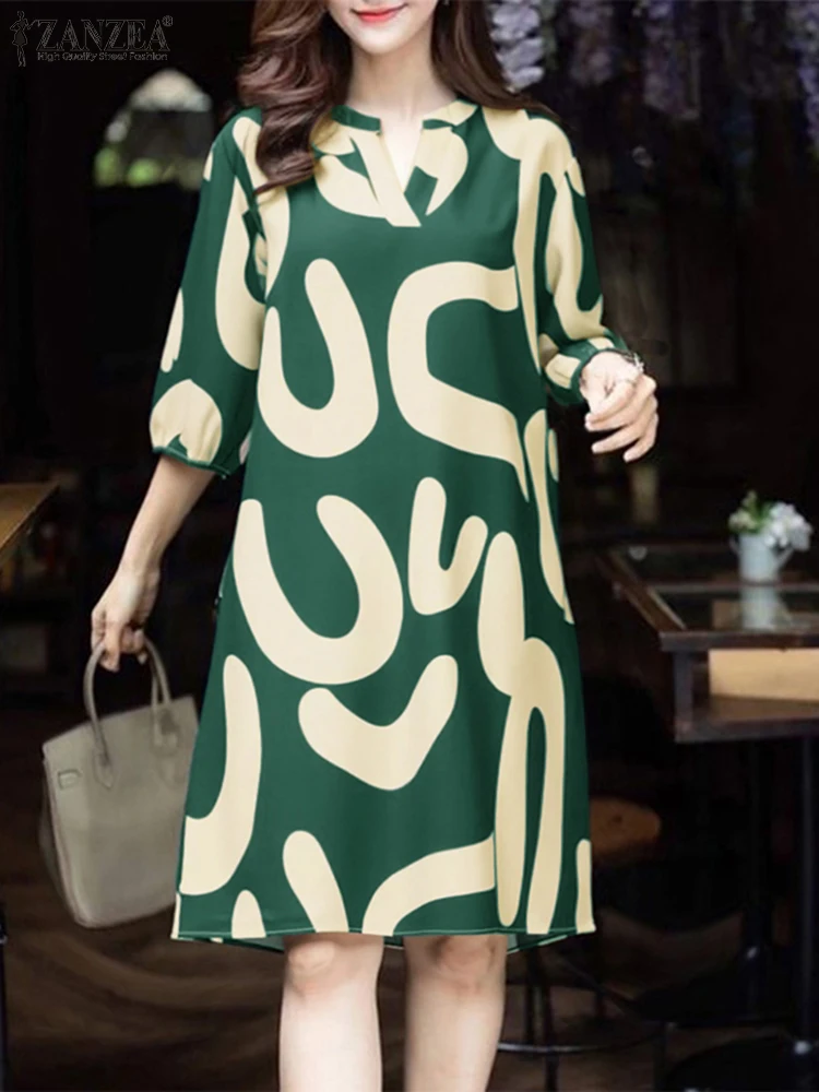 2023 herbst Vintage Gedruckt Kleider ZANZEA Frauen V-ausschnitt 3/4 Hülse Sommerkleid Knielangen Vestidos Elegante Casual Party Arbeit Kleid