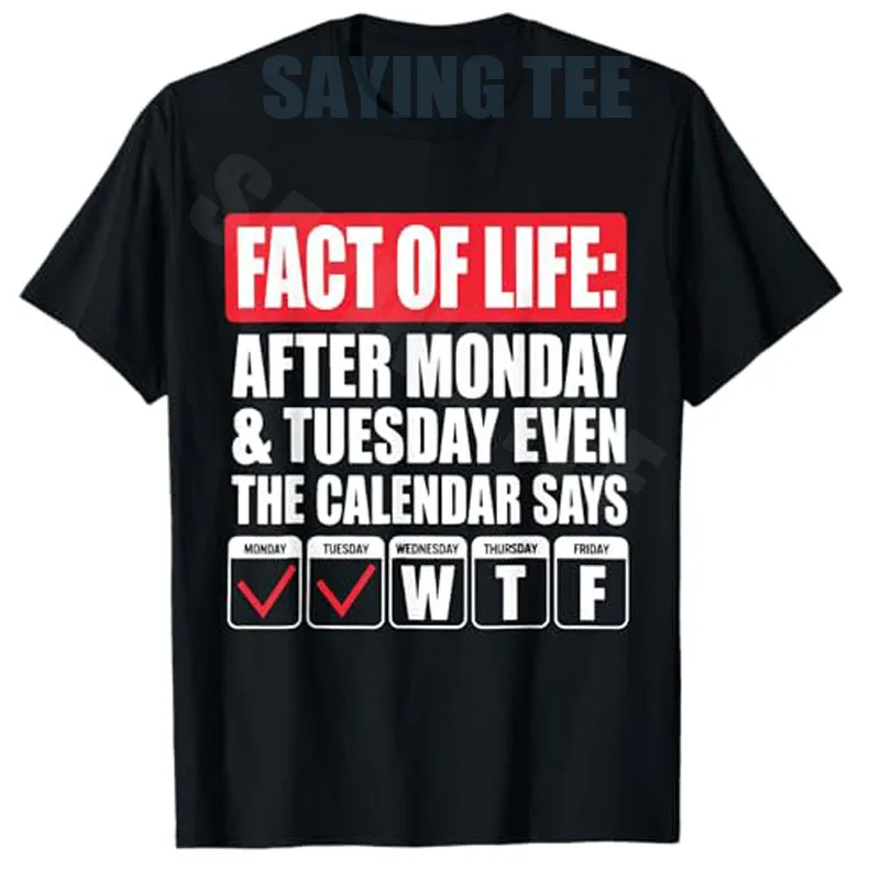 Fact of Life After Monday Tuesday Even The Calendar Says WTF T-Shirt Y2k Letters Printed Life Style Sarcastic Joke Saying Tee