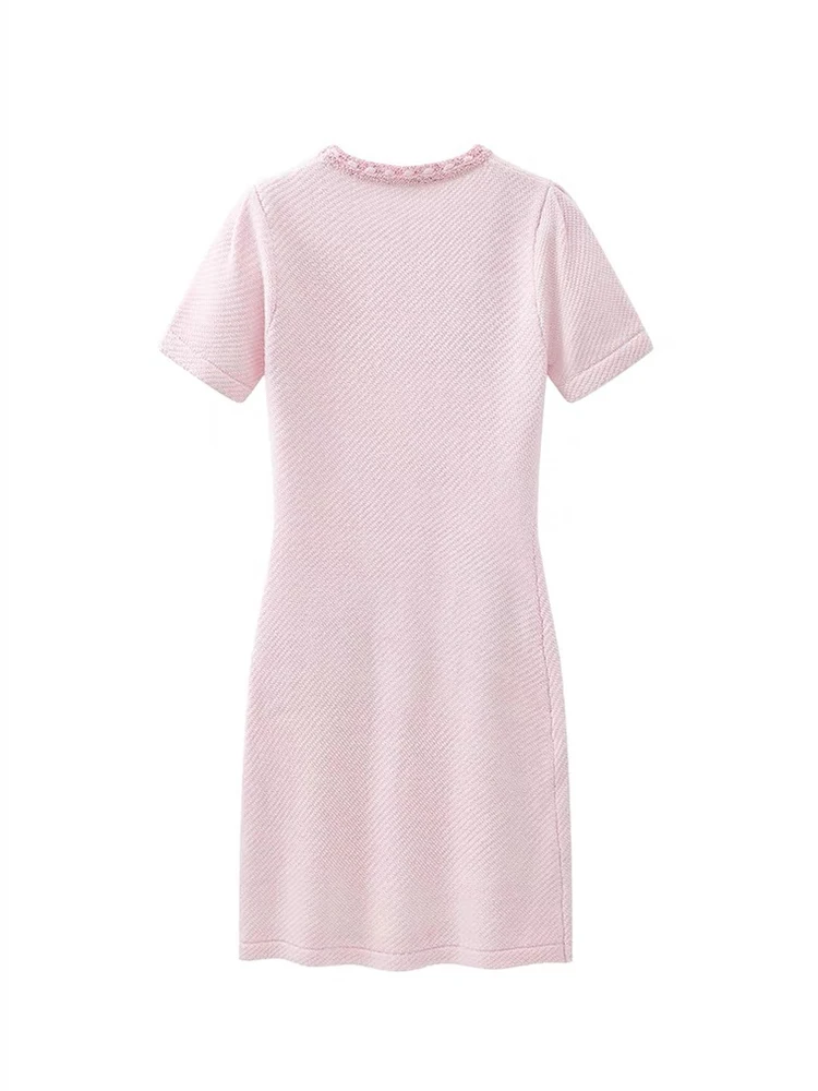 Pink Knitted Dress Women Round Neck Short Sleeve Diamond Button Sweet Female Mini Dress With Pocket C-100