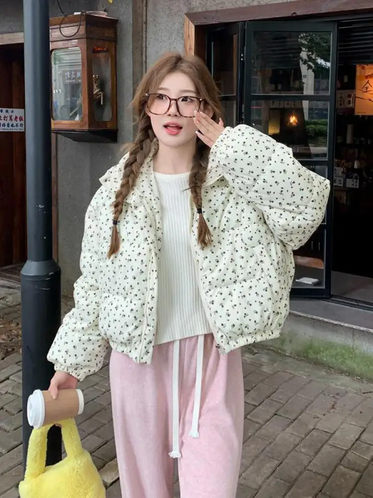 

Korean Vintage Winter Women Floral Long Sleeved Zipper Down Jacket Ladies Vintage Short Warm Bread Coat Casual Versatile Popular