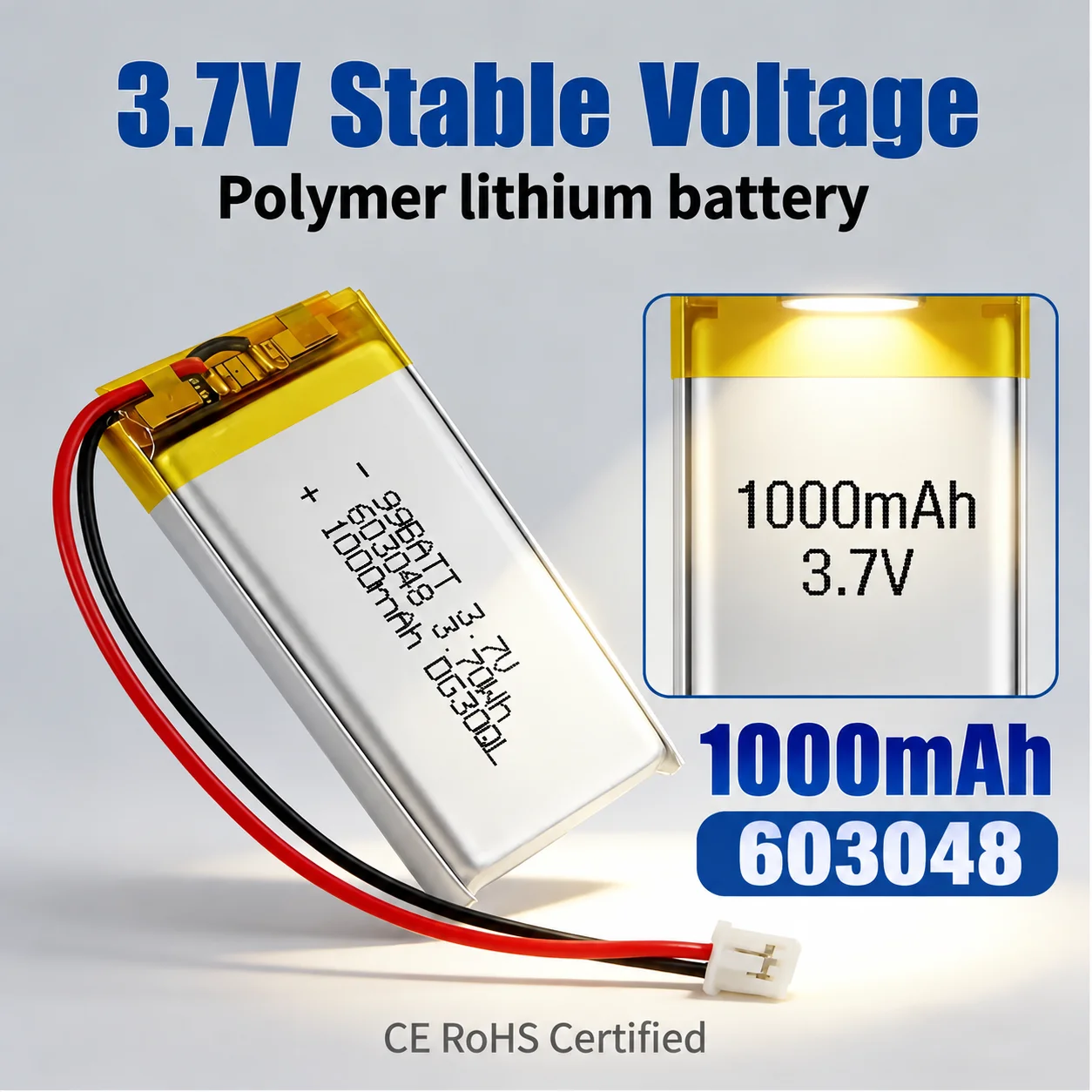 3.7V 1000mAh Lipo Rechargeable Battery 603048 + JST 2.0mm 2Pin Plug for MP3 GPS DVD Bluetooth Recorder Headset E-book Camera
