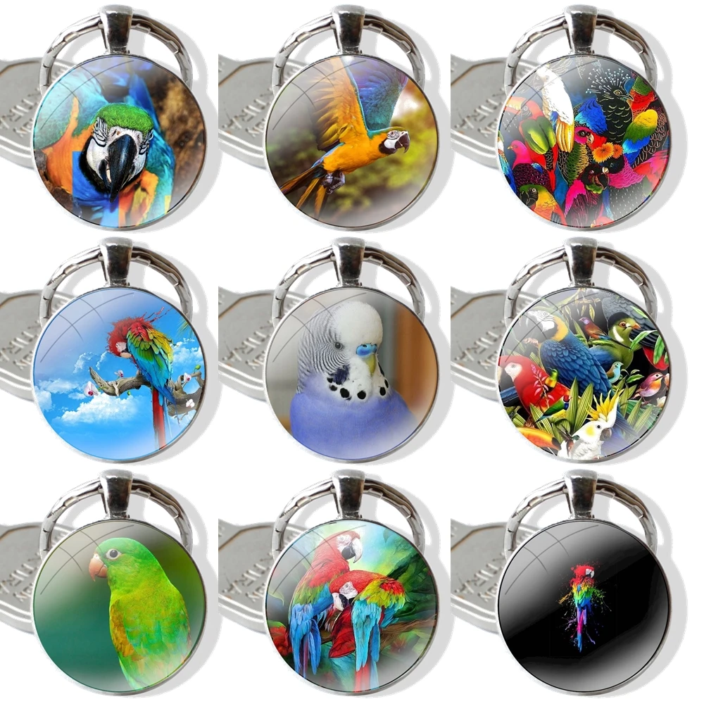 Blue Ringneck Parrot Art 25mm Glass Cabohcon Keychain Key Rings for Women Men Jewelry Gift