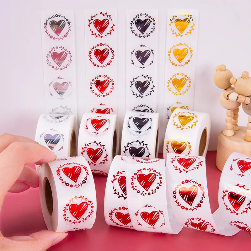 500pcs/roll Clear Gold Heart Seal Stickers for Envelope Round Red Wedding Stickers for Valentine's Day Greeting Card Party Favor