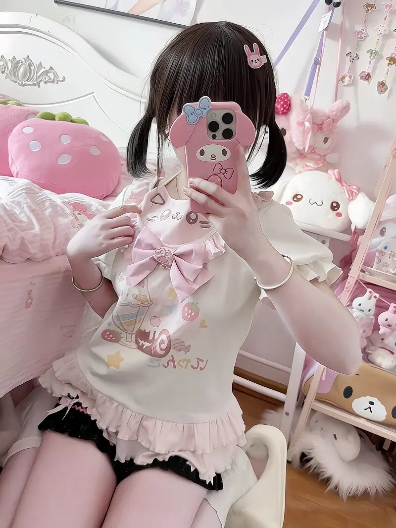 Original Cute Ice Cream Printed Short-sleeved Top 2026 Summer New Sweet Soft Girl Bow Girl Student Y2k T-shirt - view 3