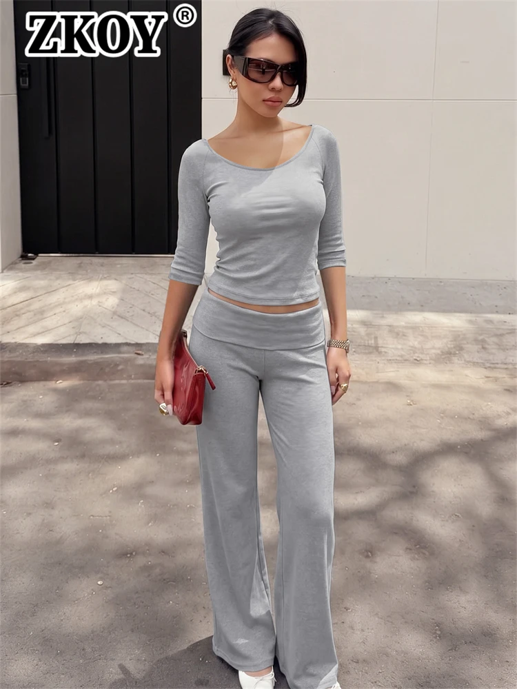 Zkoy Autumn 2026 New Fashion 2 Pcs Set Women Long Sleeve O-Neck Top Slim Fits Pants Matching Suit Sporty Daily Casual Outfits